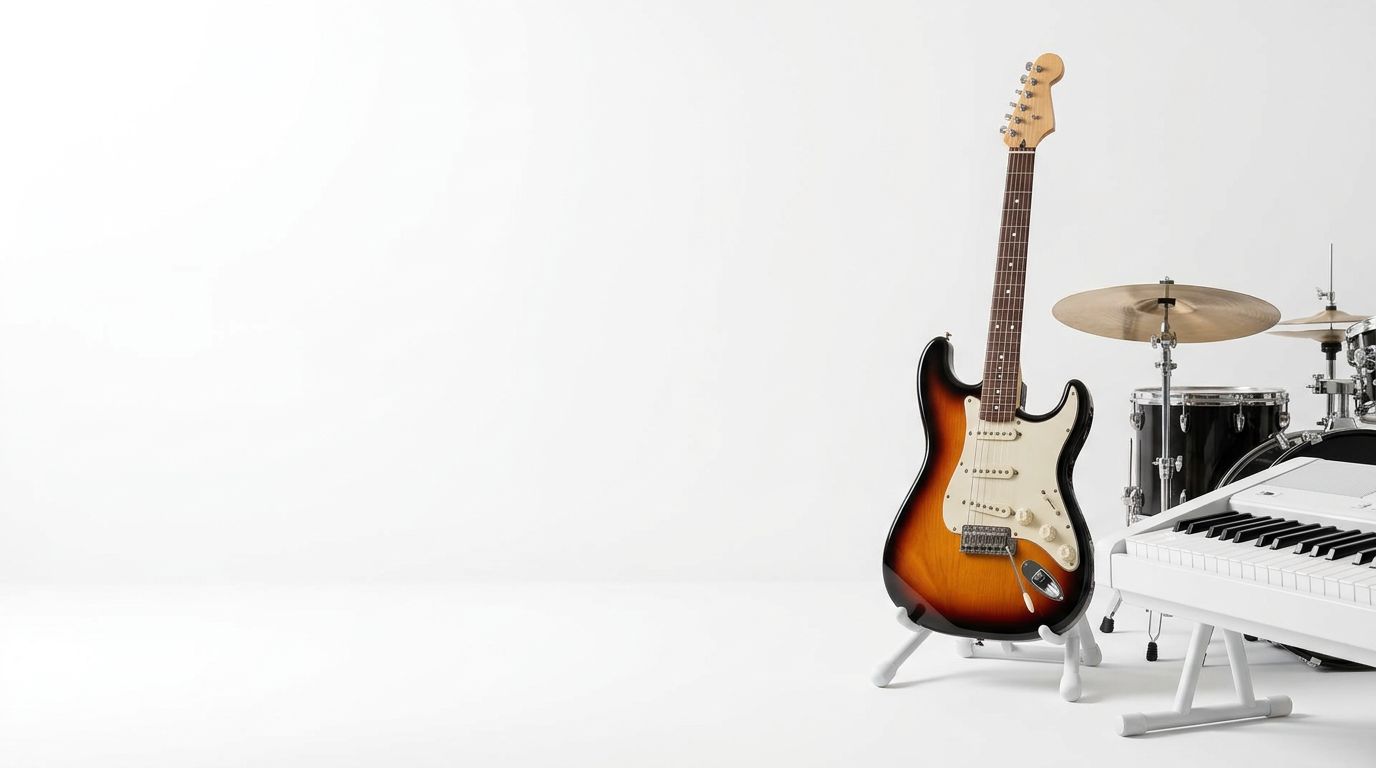Guitarra, teclado e bateria em um estúdio musical claro
